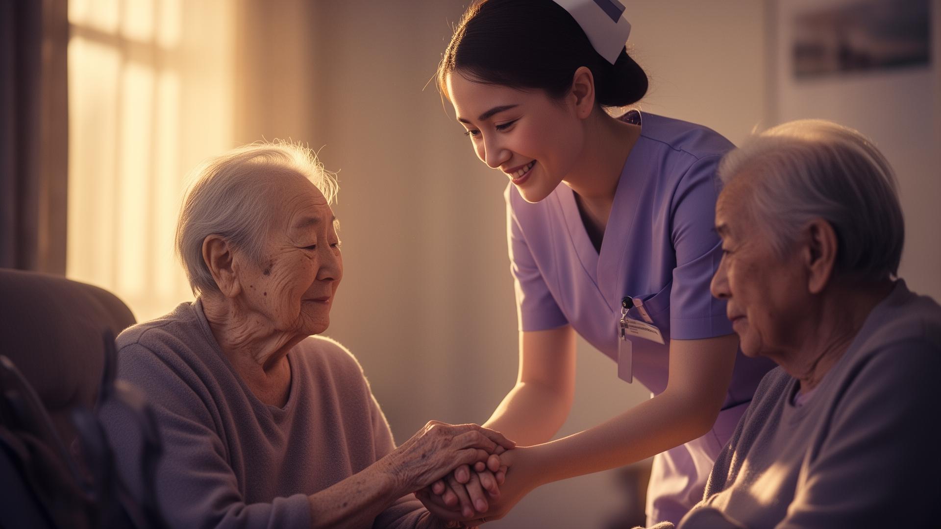 A nurse holding the hand of an elderly long-term care resident in soft afternoon light