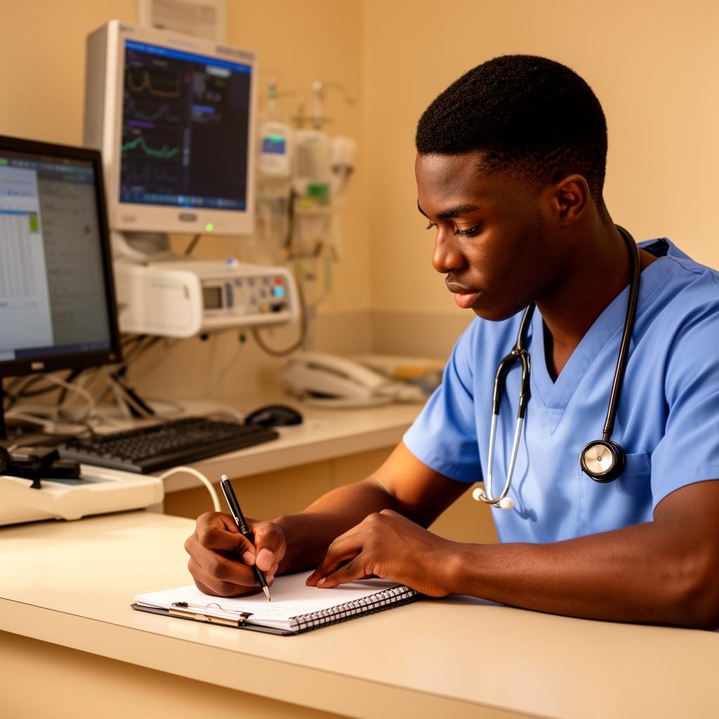 A nurse documenting patient care at a nursing station